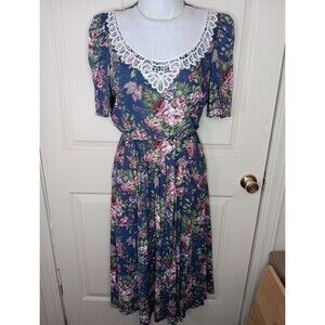 VTG 80s Dress Size 12 Floral Blue Blouson Midi Exaggerated Collar Cottage Core